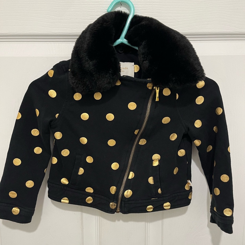 Kate Spade Black and Gold Dot Faux Fur Collar Moto Jacket Size 4T